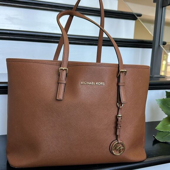 Michael Kors Genuine Leather Jet Set Tote Shoulder Bag Brown - Picture 1 of 15